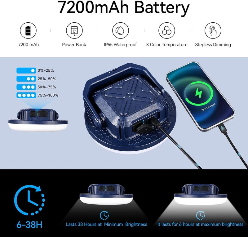vavofo 30W LED Camping Lantern Rechargeable, 3000LM,124 LED with 3 Lighting Modes, 7200mAh Portable Tent Light with Magnet, IP65 Waterproof for Emergencies ,Power Outages,Hurricane (Blue) - Image 2